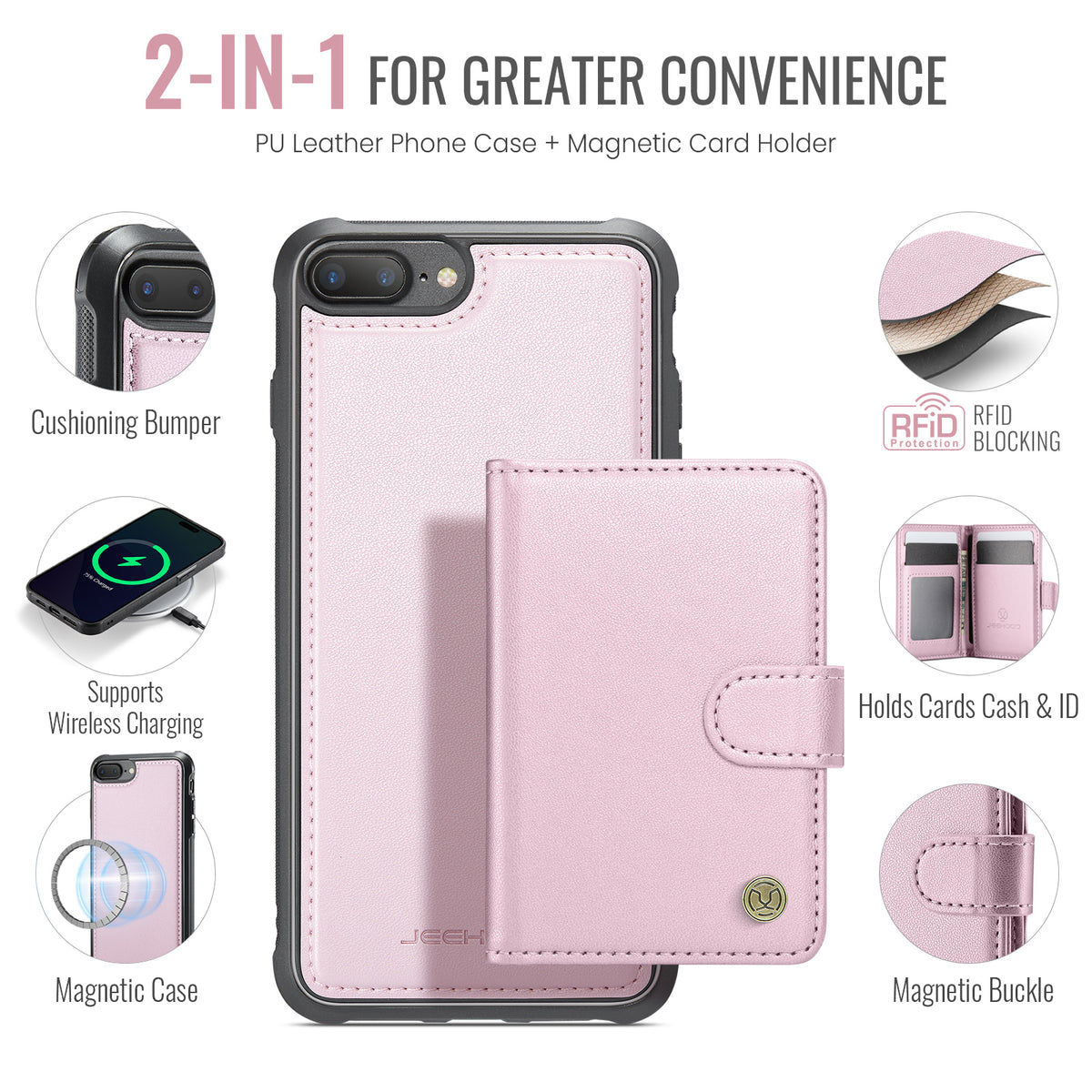JEEHOOD For iPhone 8 Plus 5.5 inch / iPhone 7 Plus 5.5 inch Case J09 RFID Blocking Card Holder Leather Back Phone Cover Compatible with MagSafe