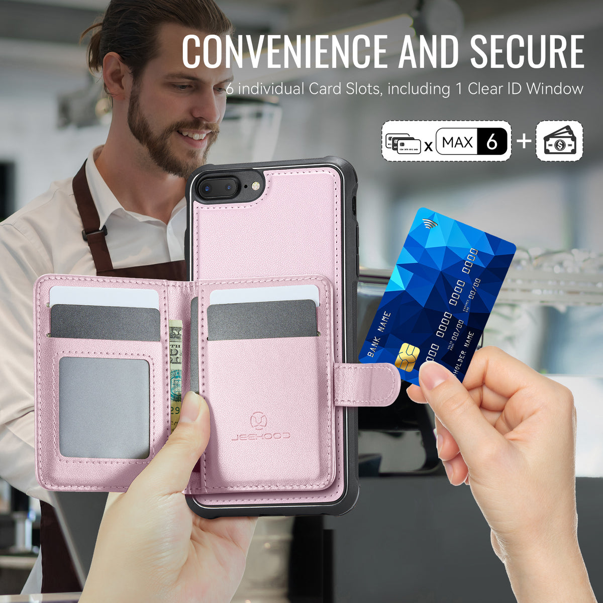 JEEHOOD For iPhone 8 Plus 5.5 inch / iPhone 7 Plus 5.5 inch Case J09 RFID Blocking Card Holder Leather Back Phone Cover Compatible with MagSafe