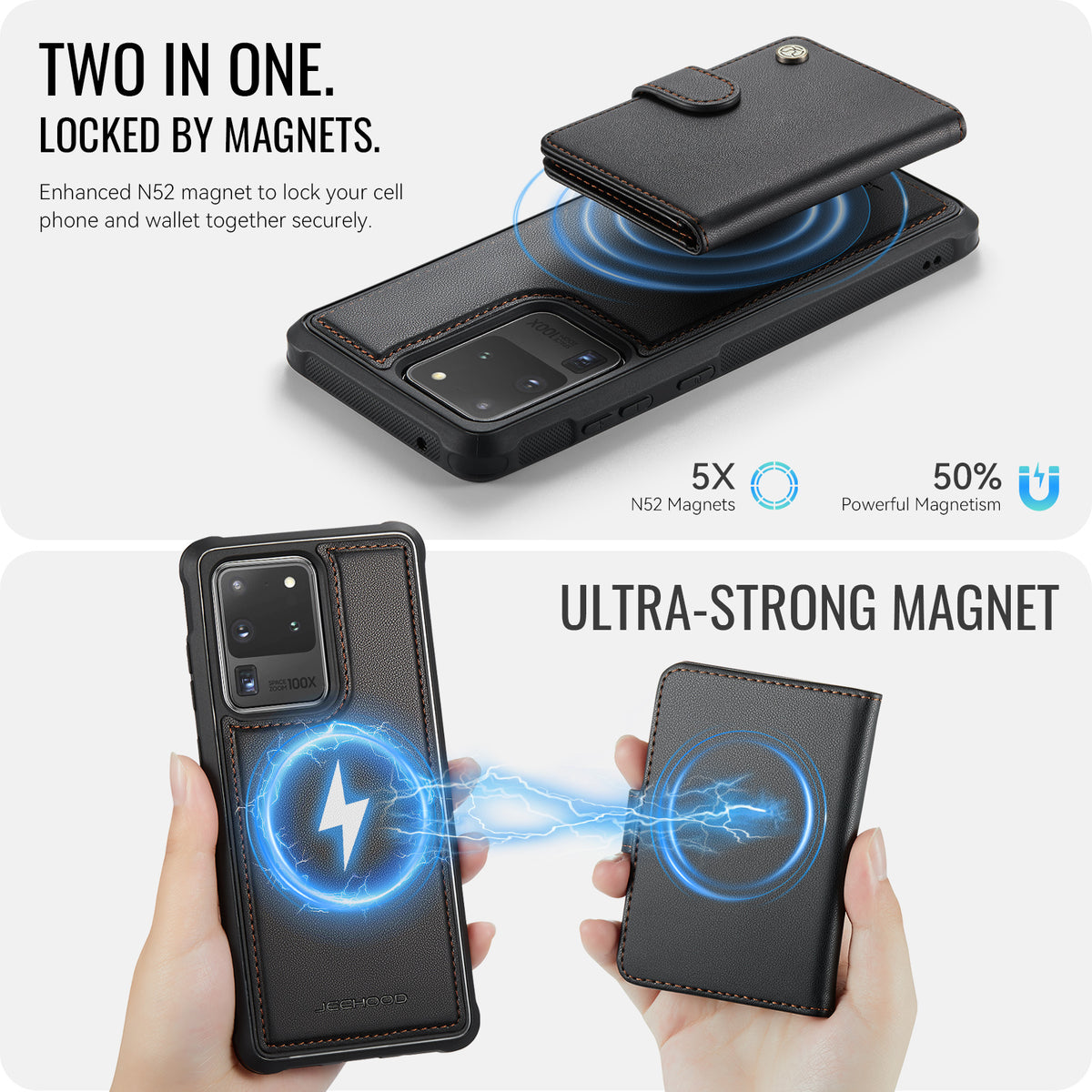 JEEHOOD För Samsung Galaxy S20 Ultra Skal J09 RFID-blockerande korthållare Läderbaksida Magnetiskt Mobilskal