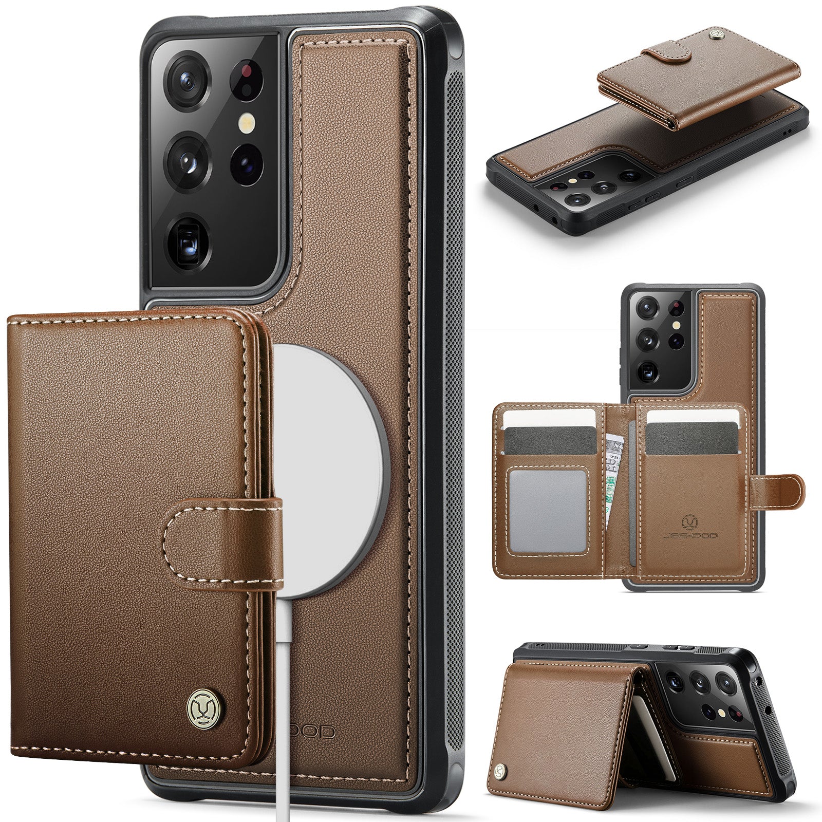 JEEHOOD For Samsung Galaxy S21 Ultra 5G Case  J09 RFID Blocking Card Holder Leather Back Phone Cover Magnetic Case