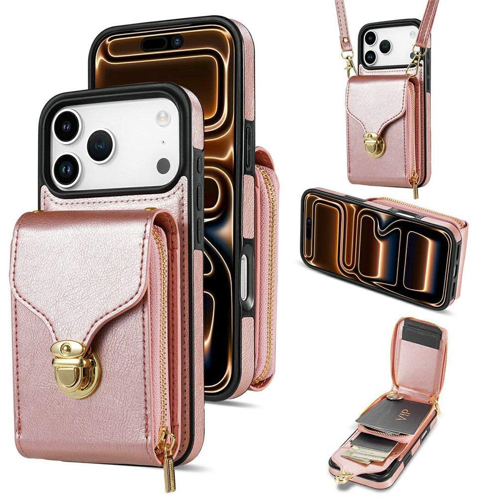 For iPhone 18 Pro Max / 17 Pro Max Case Zipper Wallet Leather + TPU Phone Cover with Strap