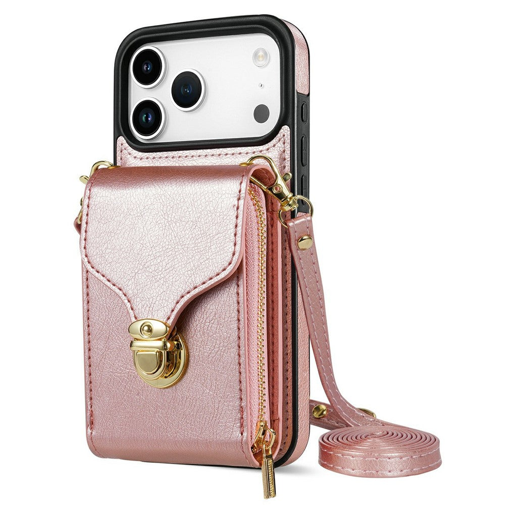 For iPhone 18 Pro Max / 17 Pro Max Case Zipper Wallet Leather + TPU Phone Cover with Strap