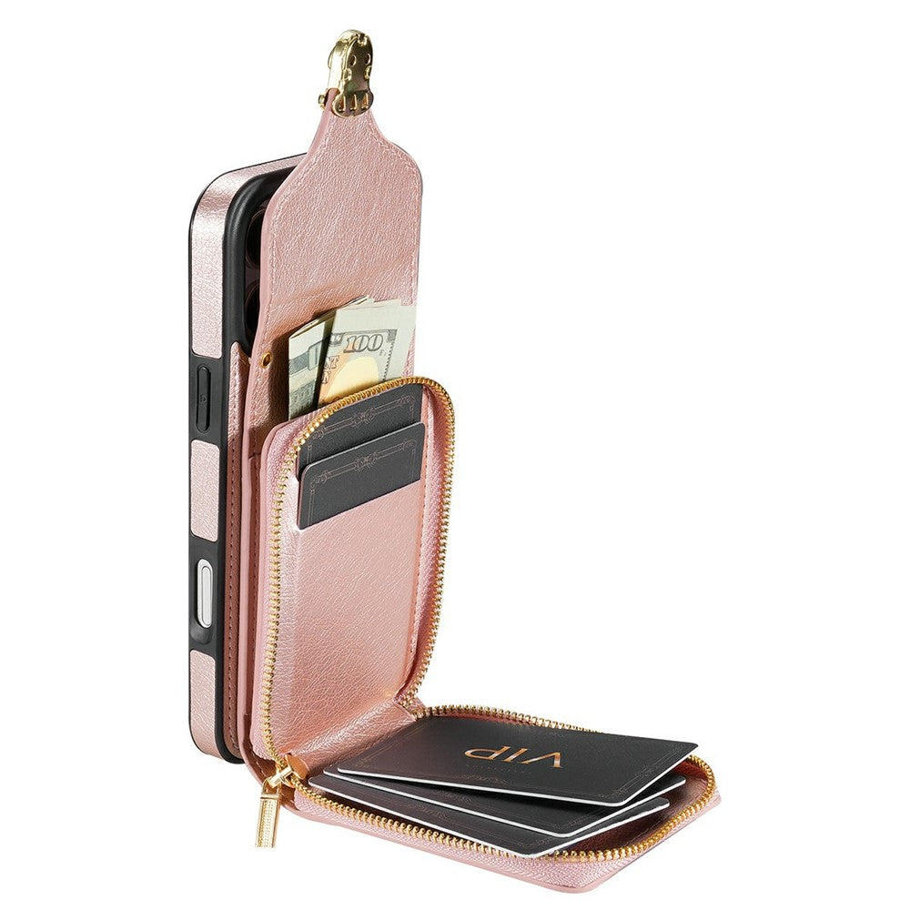 For iPhone 18 Pro Max / 17 Pro Max Case Zipper Wallet Leather + TPU Phone Cover with Strap