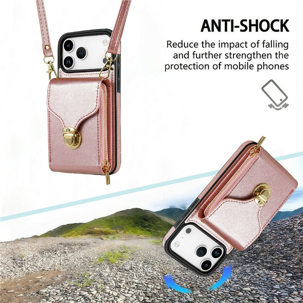 For iPhone 18 Pro Max / 17 Pro Max Case Zipper Wallet Leather + TPU Phone Cover with Strap