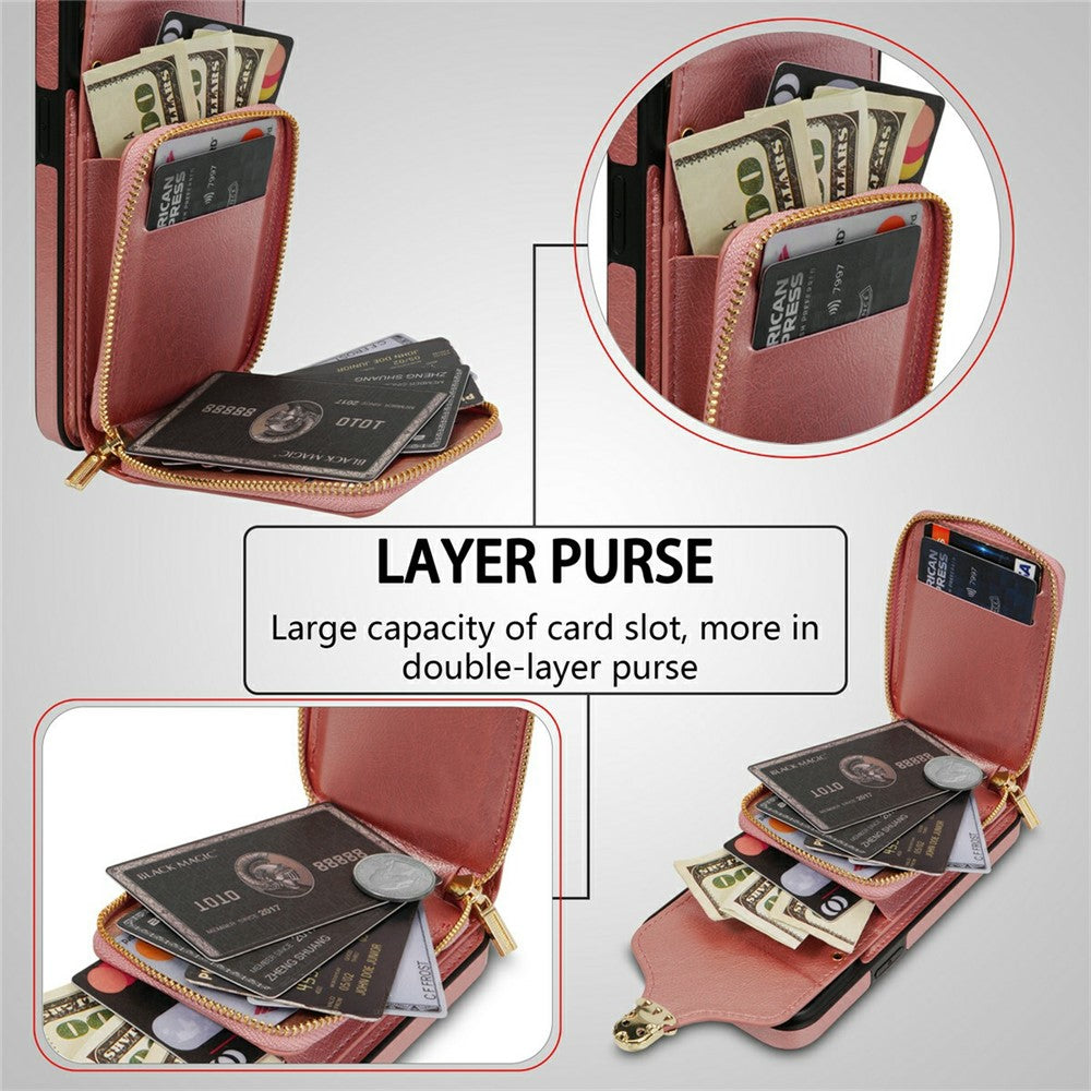 For iPhone 18 Pro Max / 17 Pro Max Case Zipper Wallet Leather + TPU Phone Cover with Strap