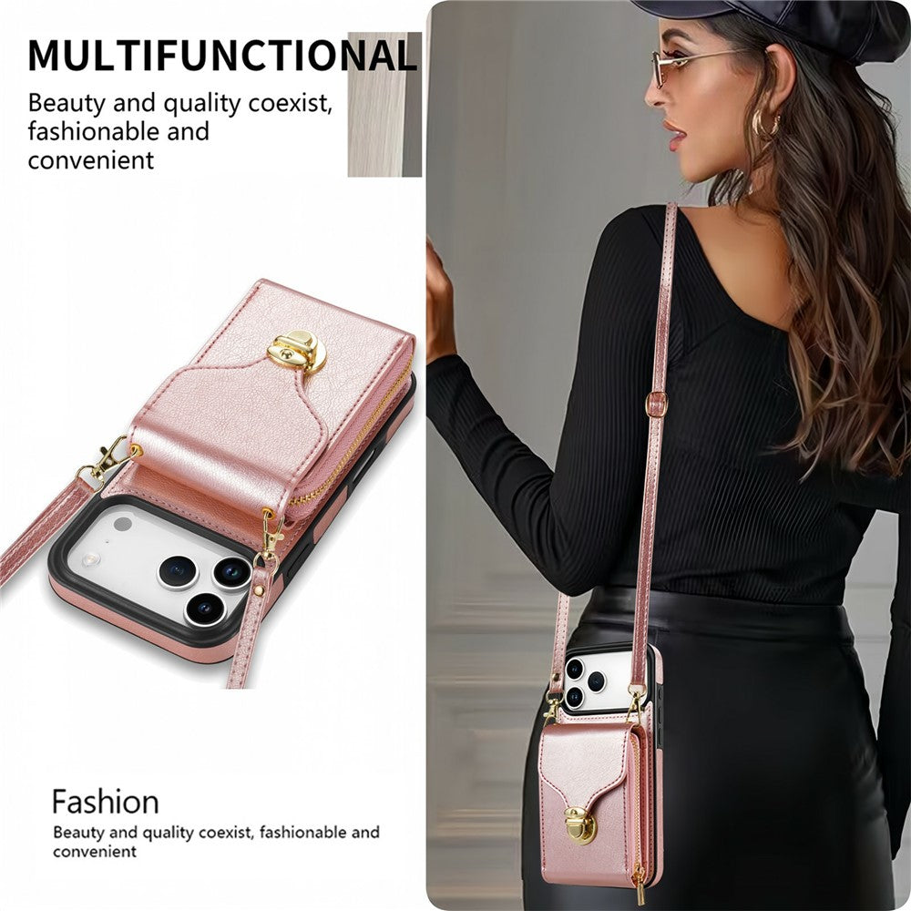 For iPhone 18 Pro Max / 17 Pro Max Case Zipper Wallet Leather + TPU Phone Cover with Strap
