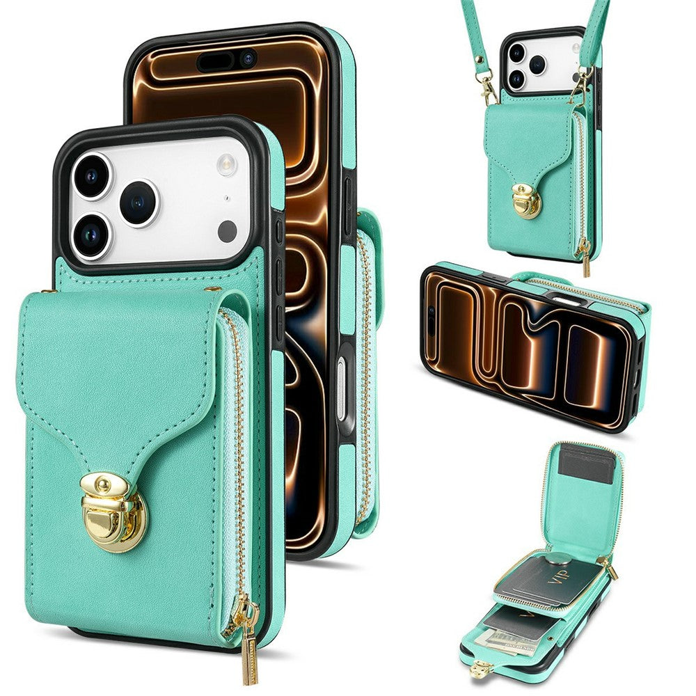 For iPhone 18 Pro Max / 17 Pro Max Case Zipper Wallet Leather + TPU Phone Cover with Strap