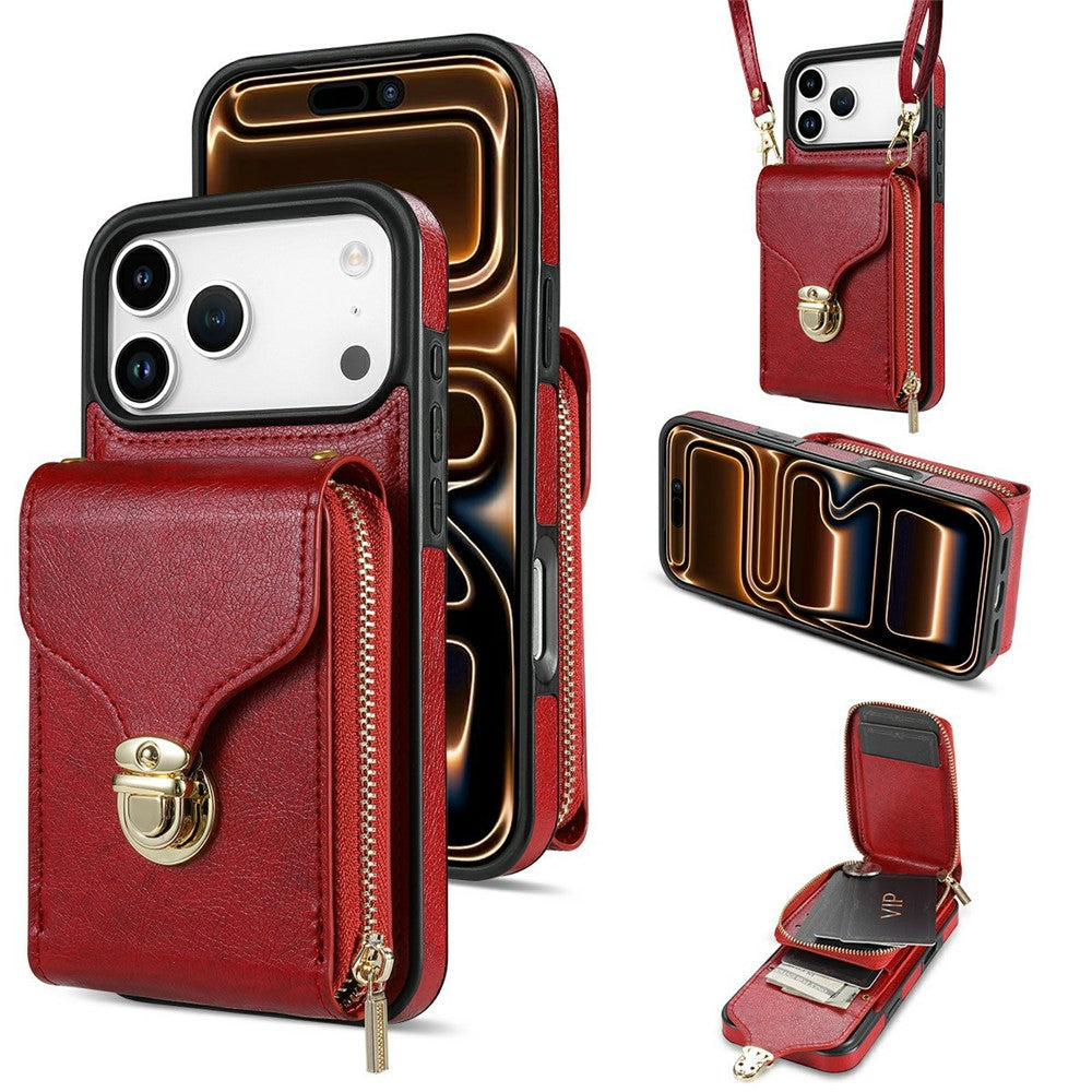 For iPhone 18 Pro Max / 17 Pro Max Case Zipper Wallet Leather + TPU Phone Cover with Strap