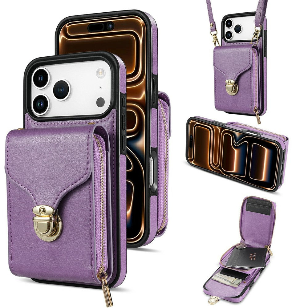 For iPhone 18 Pro Max / 17 Pro Max Case Zipper Wallet Leather + TPU Phone Cover with Strap