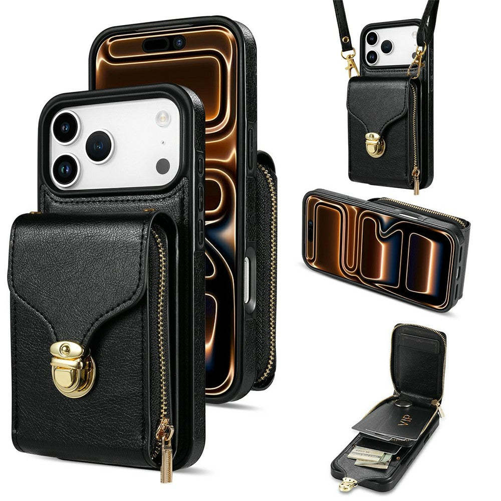 For iPhone 18 Pro Max / 17 Pro Max Case Zipper Wallet Leather + TPU Phone Cover with Strap