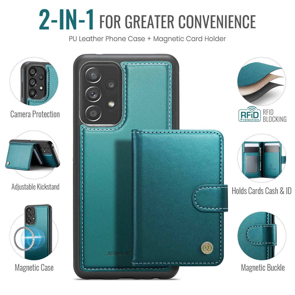 JEEHOOD For Samsung Galaxy A52 5G / Galaxy A52s 5G / Galaxy A52 4G Case J09 RFID Blocking Card Holder Leather Back Phone Cover Magnetic Case