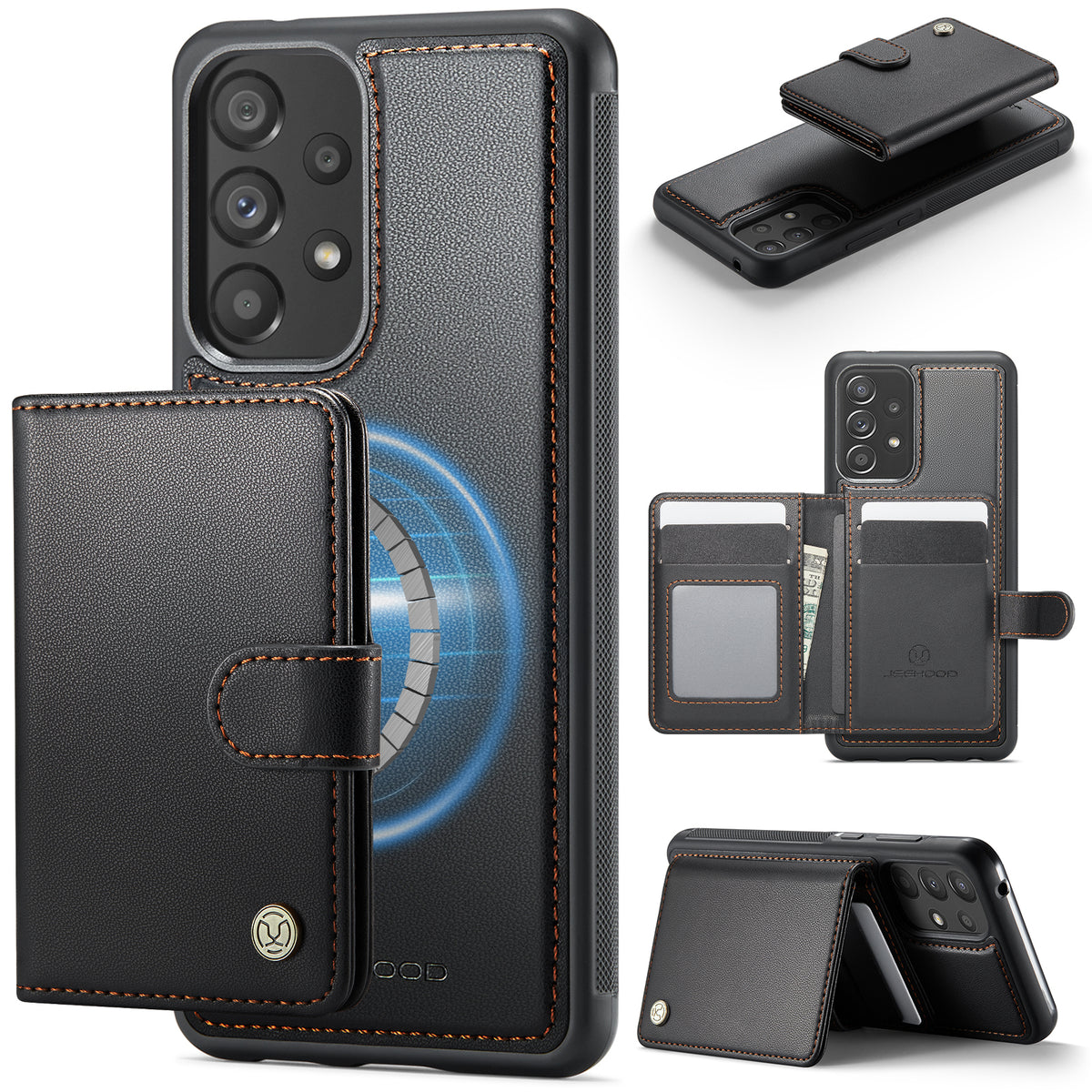 JEEHOOD For Samsung Galaxy A52 5G / Galaxy A52s 5G / Galaxy A52 4G Case J09 RFID Blocking Card Holder Leather Back Phone Cover Magnetic Case