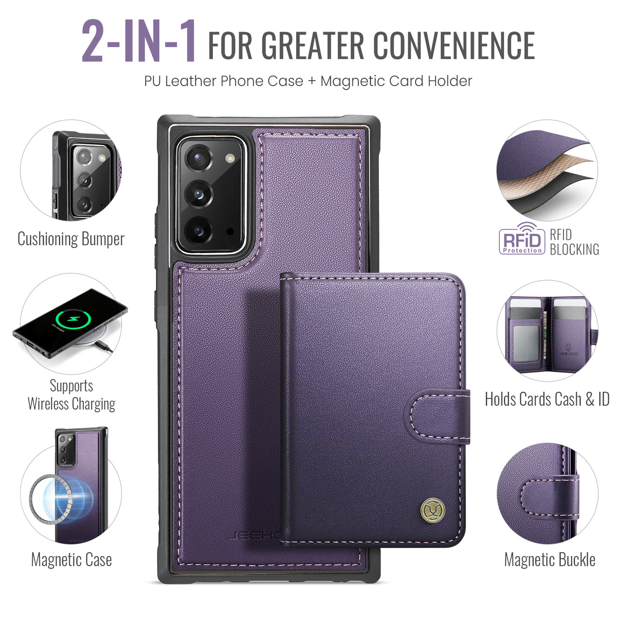 JEEHOOD For Samsung Galaxy Note20 Case  J09 RFID Blocking Card Holder Leather Back Phone Cover Magnetic Case