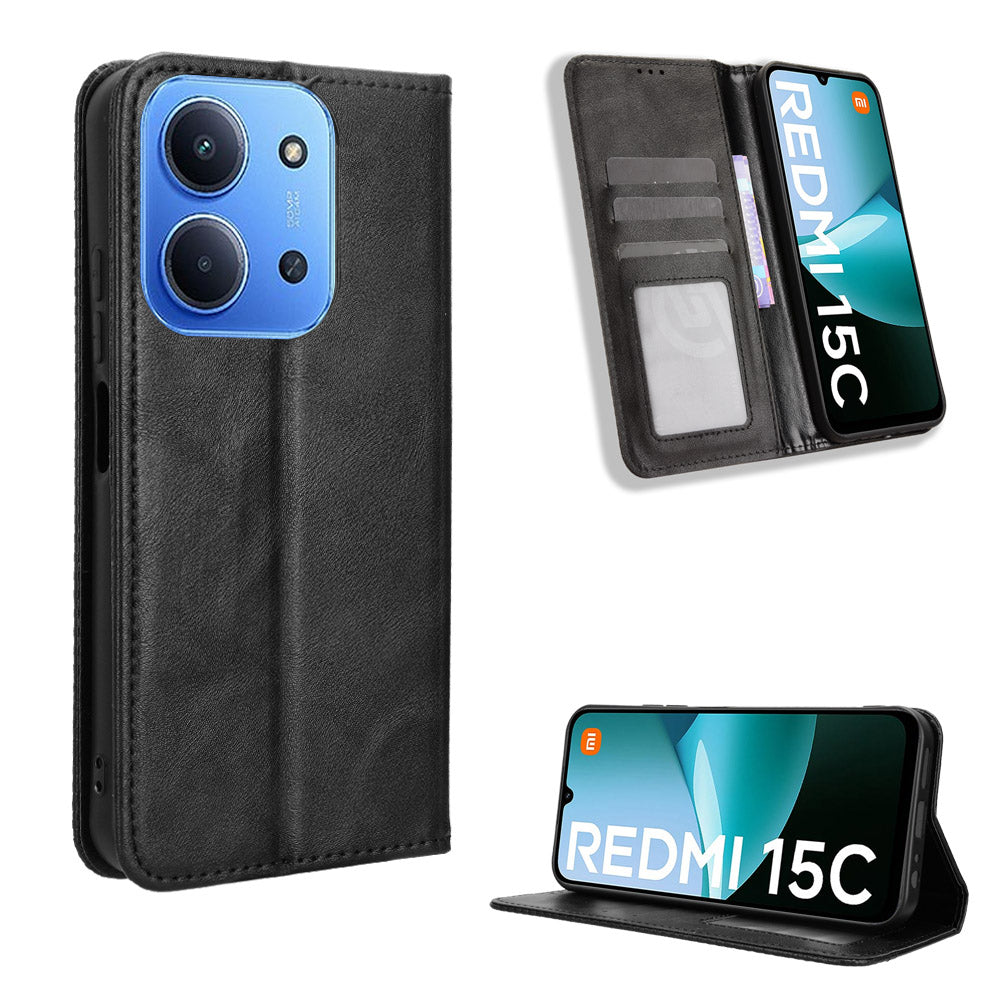 For Xiaomi Redmi 15C 5G (EU) (173mm) / Xiaomi Redmi 15C 4G (EU) (173mm) Leather Case Wallet Stand Retro Texture Phone Cover