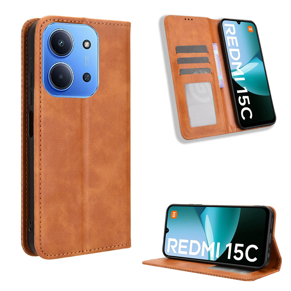 For Xiaomi Redmi 15C 5G (EU) (173mm) / Xiaomi Redmi 15C 4G (EU) (173mm) Leather Case Wallet Stand Retro Texture Phone Cover