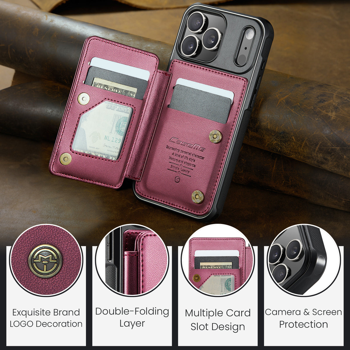 CASEME For iPhone 18 Pro Max / 17 Pro Max Case with RFID Blocking 5 Card Slots C22 Leather Back Cover