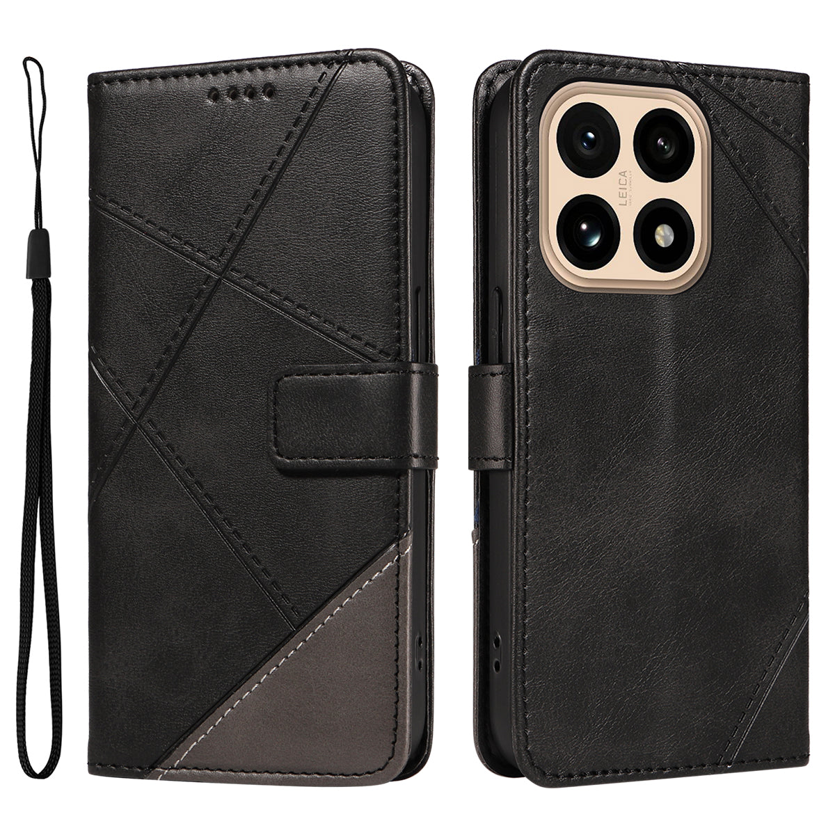 Läderfodral med geometrisk linjedesign och plånboksfodral för Xiaomi 15T med handledsrem