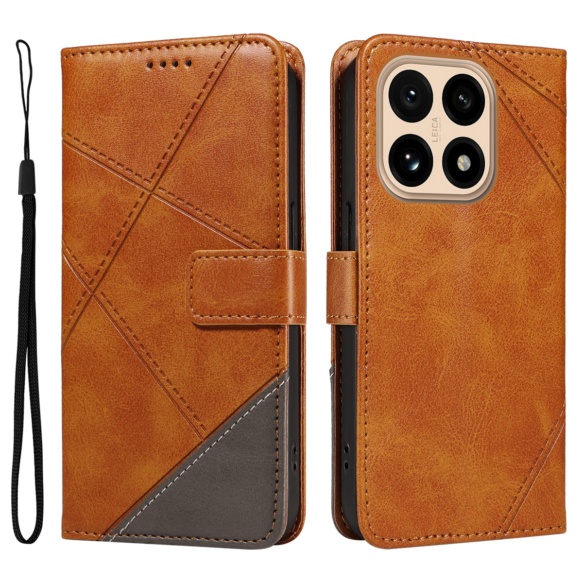 Läderfodral med geometrisk linjedesign och plånboksfodral för Xiaomi 15T med handledsrem