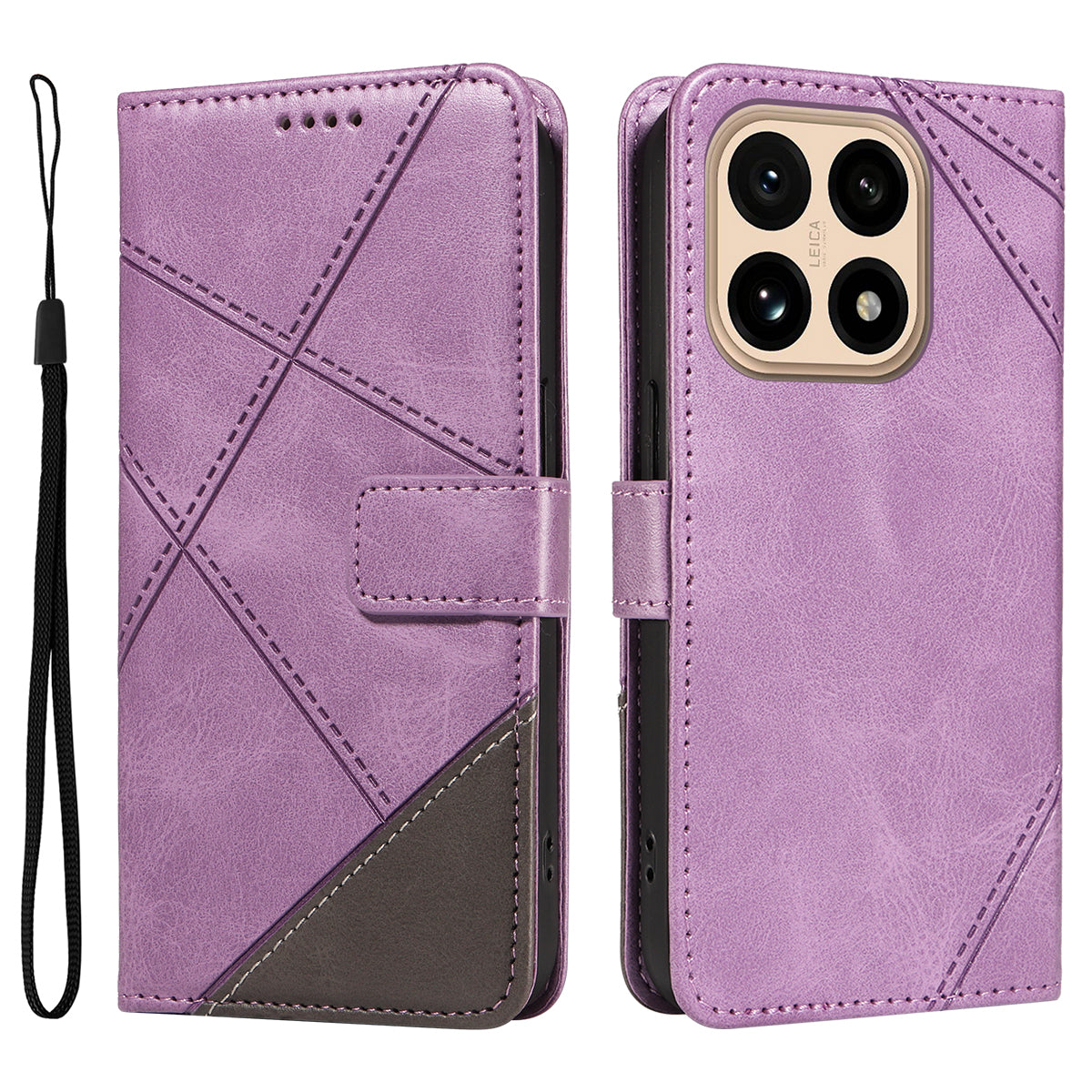 For Xiaomi 15T Leather Case Geometric Line Design Wallet Phone Cover with Wrist Strap