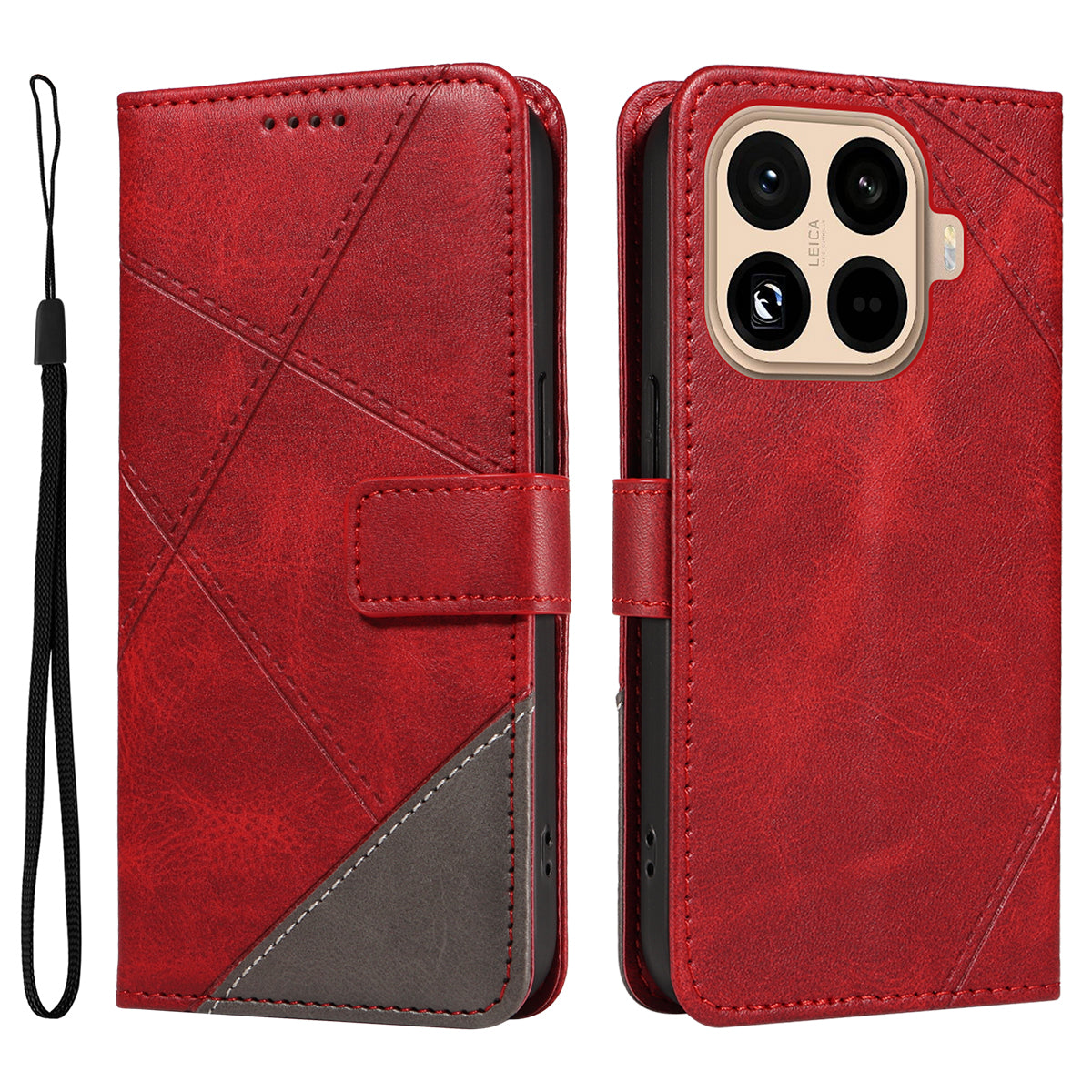 Läderfodral för Xiaomi 15T Pro med geometrisk linjedesign och plånboksfodral med handledsrem