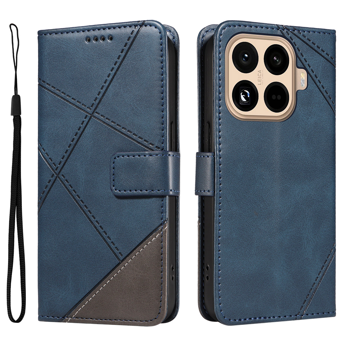 Läderfodral för Xiaomi 15T Pro med geometrisk linjedesign och plånboksfodral med handledsrem