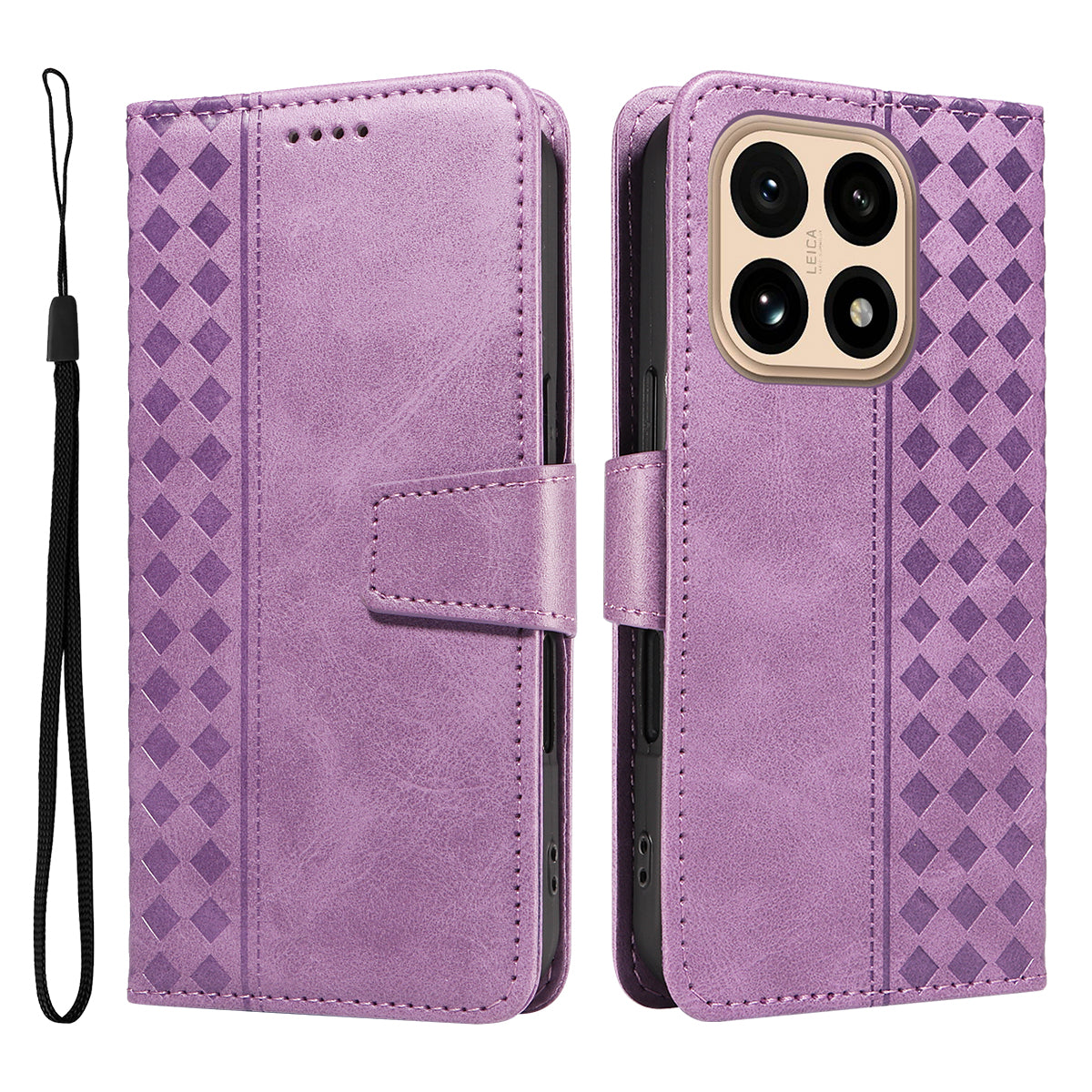 For Xiaomi 15T Leather Case Wallet Stand Grids Imprinted Phone Cover with Strap