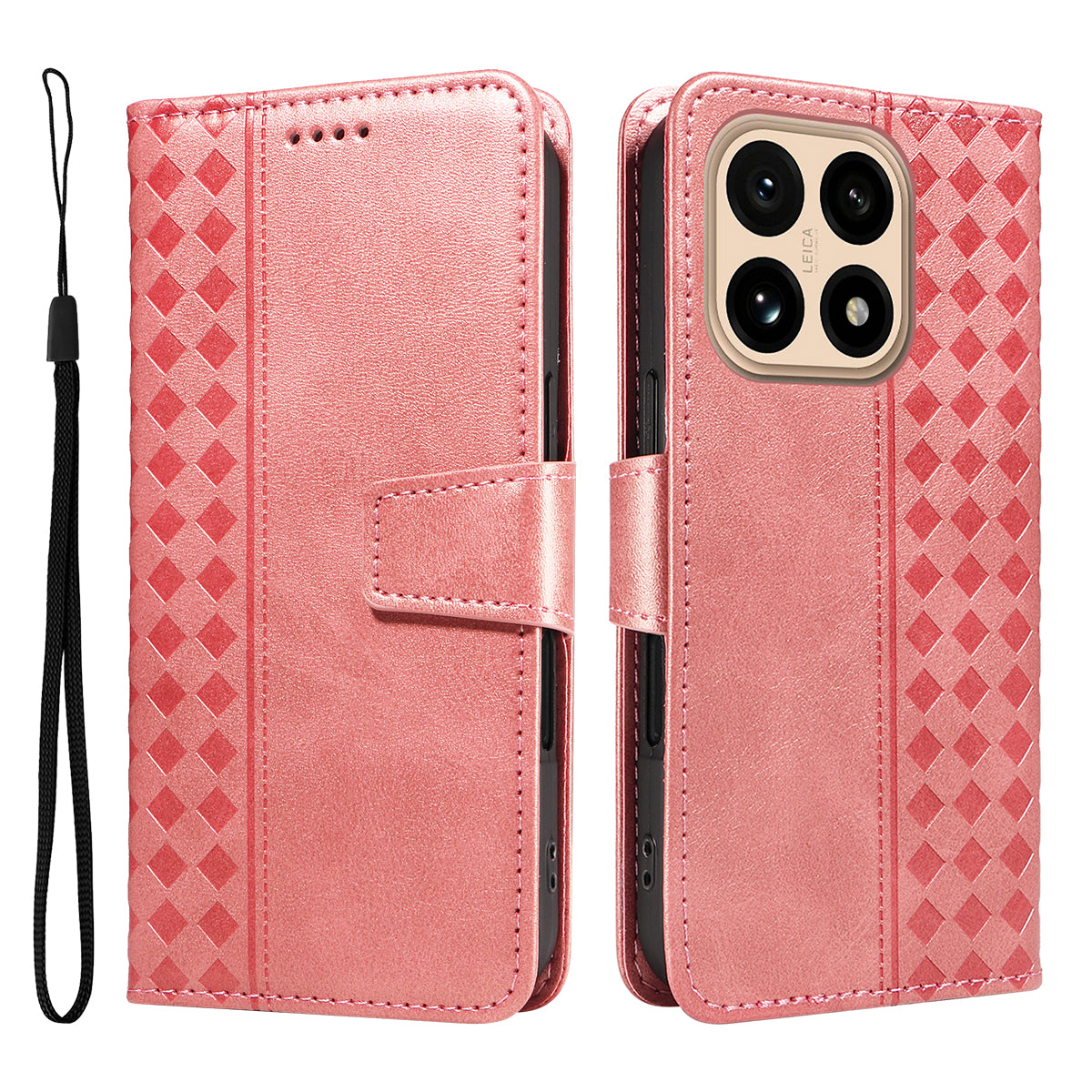 For Xiaomi 15T Leather Case Wallet Stand Grids Imprinted Phone Cover with Strap