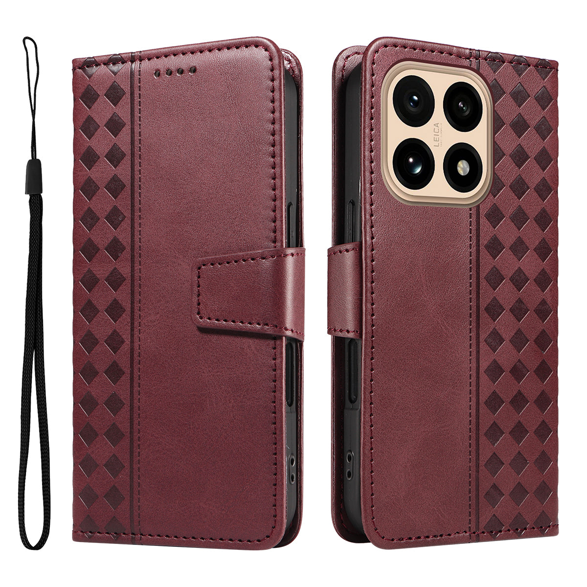 For Xiaomi 15T Leather Case Wallet Stand Grids Imprinted Phone Cover with Strap
