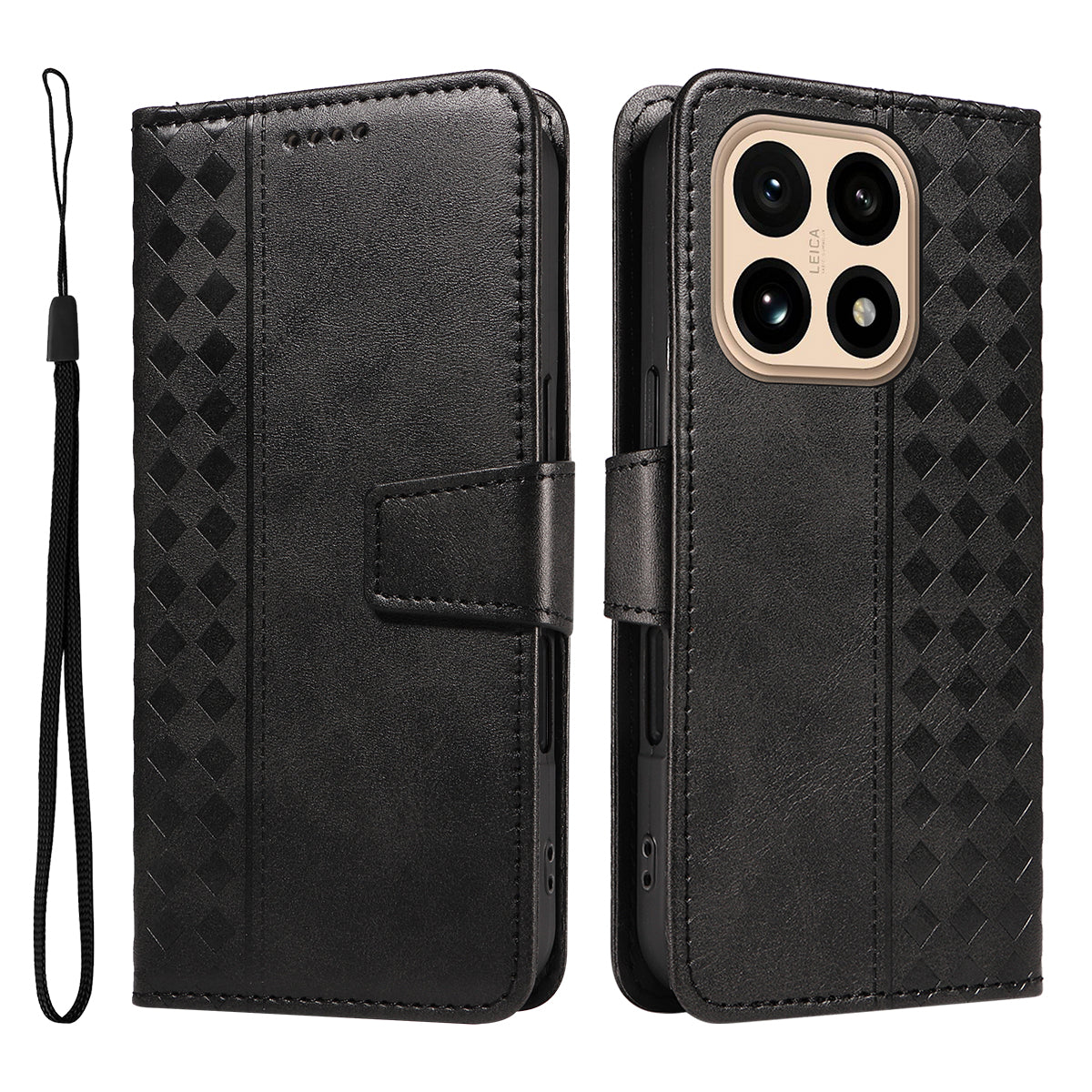 For Xiaomi 15T Leather Case Wallet Stand Grids Imprinted Phone Cover with Strap