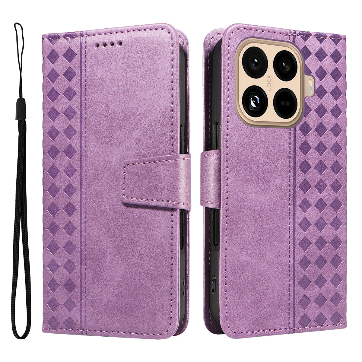 For Xiaomi 15T Pro Leather Case Wallet Stand Grids Imprinted Phone Cover with Strap