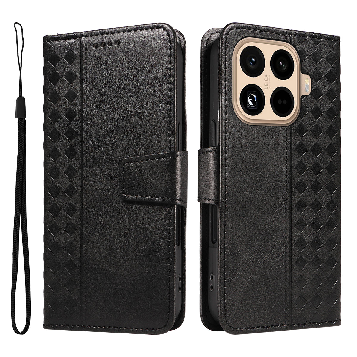 For Xiaomi 15T Pro Leather Case Wallet Stand Grids Imprinted Phone Cover with Strap