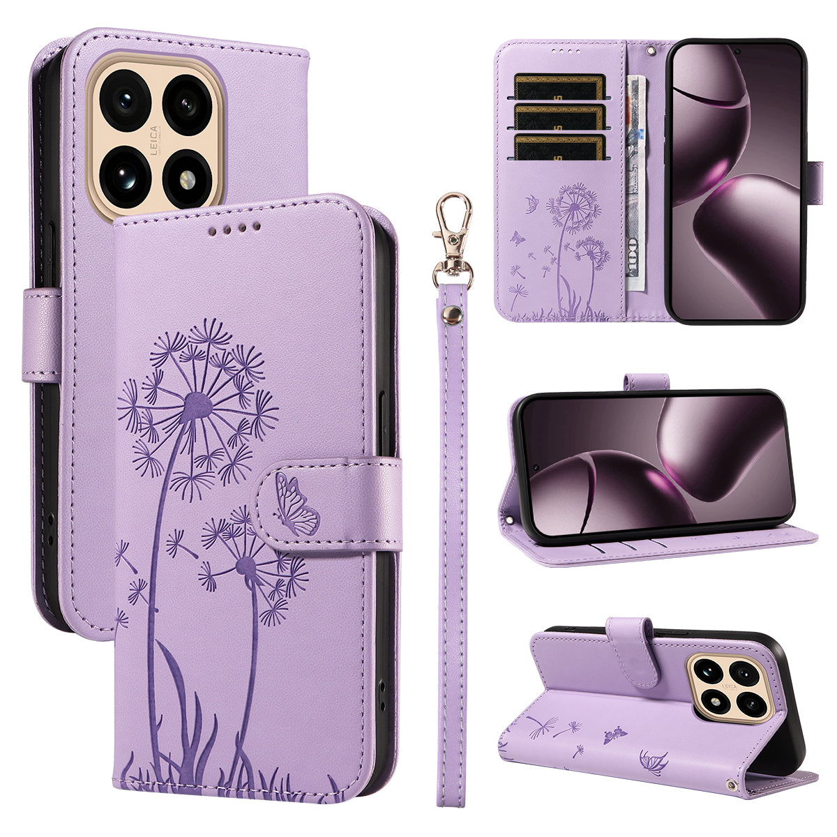 For Xiaomi 15T Leather Wallet Case with Strap Dandelion Imprint Phone Stand Cover