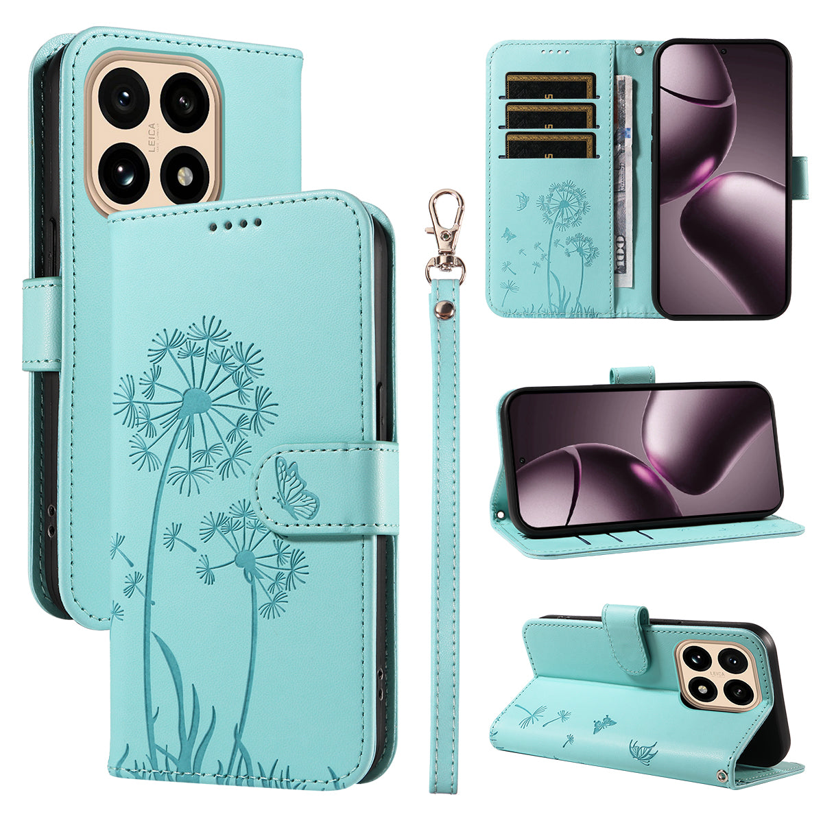 For Xiaomi 15T Leather Wallet Case with Strap Dandelion Imprint Phone Stand Cover