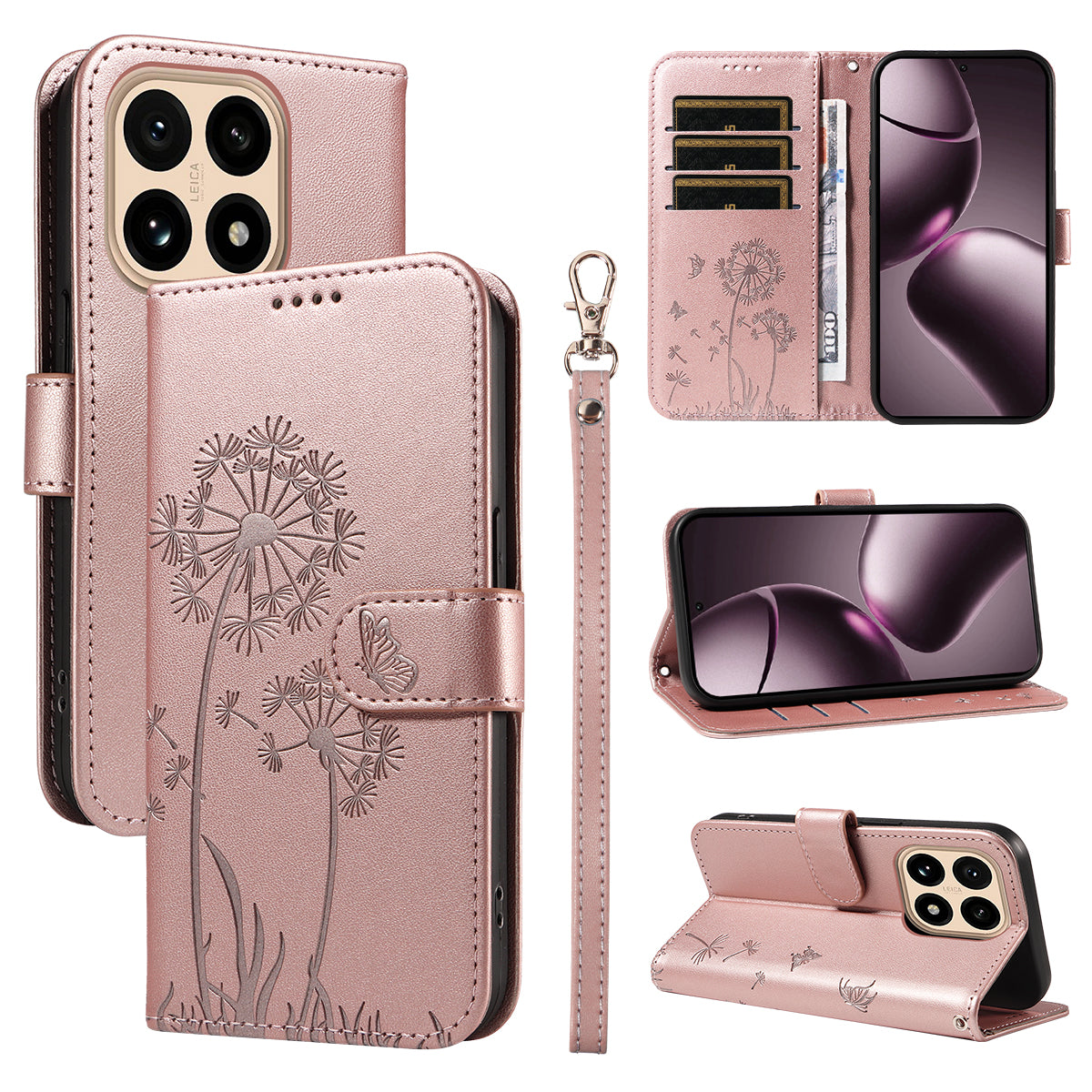 For Xiaomi 15T Leather Wallet Case with Strap Dandelion Imprint Phone Stand Cover
