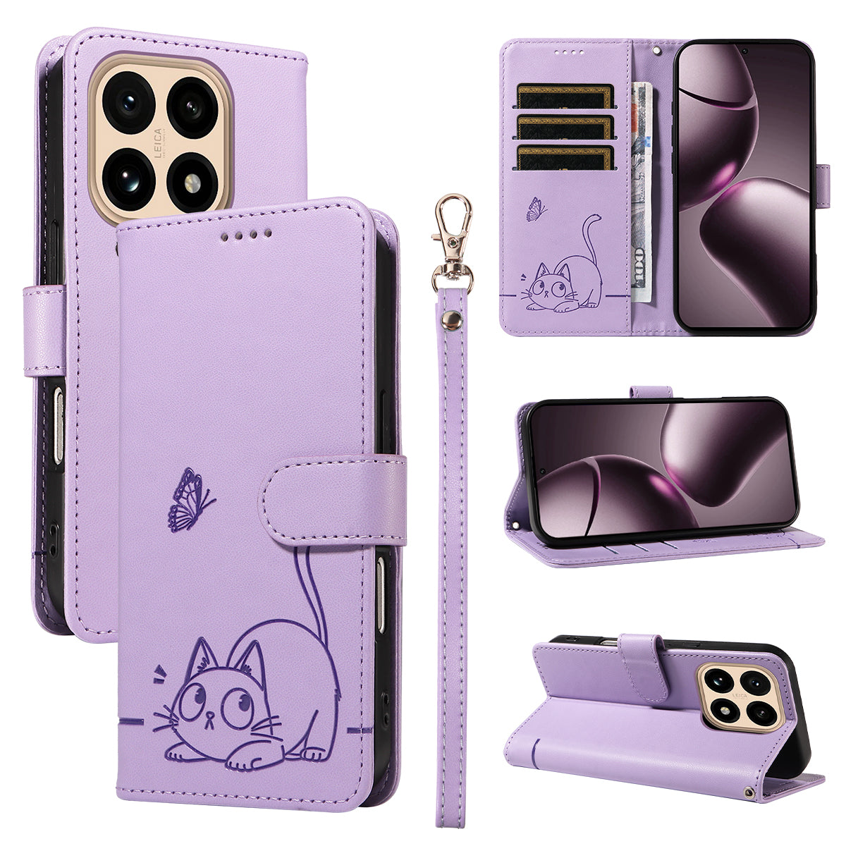 Xiaomi 15T-skal med kattmönster och läderfodral med handledsrem