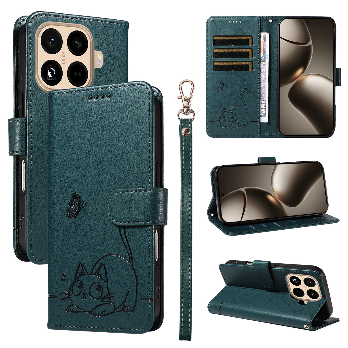 For Xiaomi 15T Pro Case Cat Pattern Imprint Leather Phone Cover with Wrist Strap