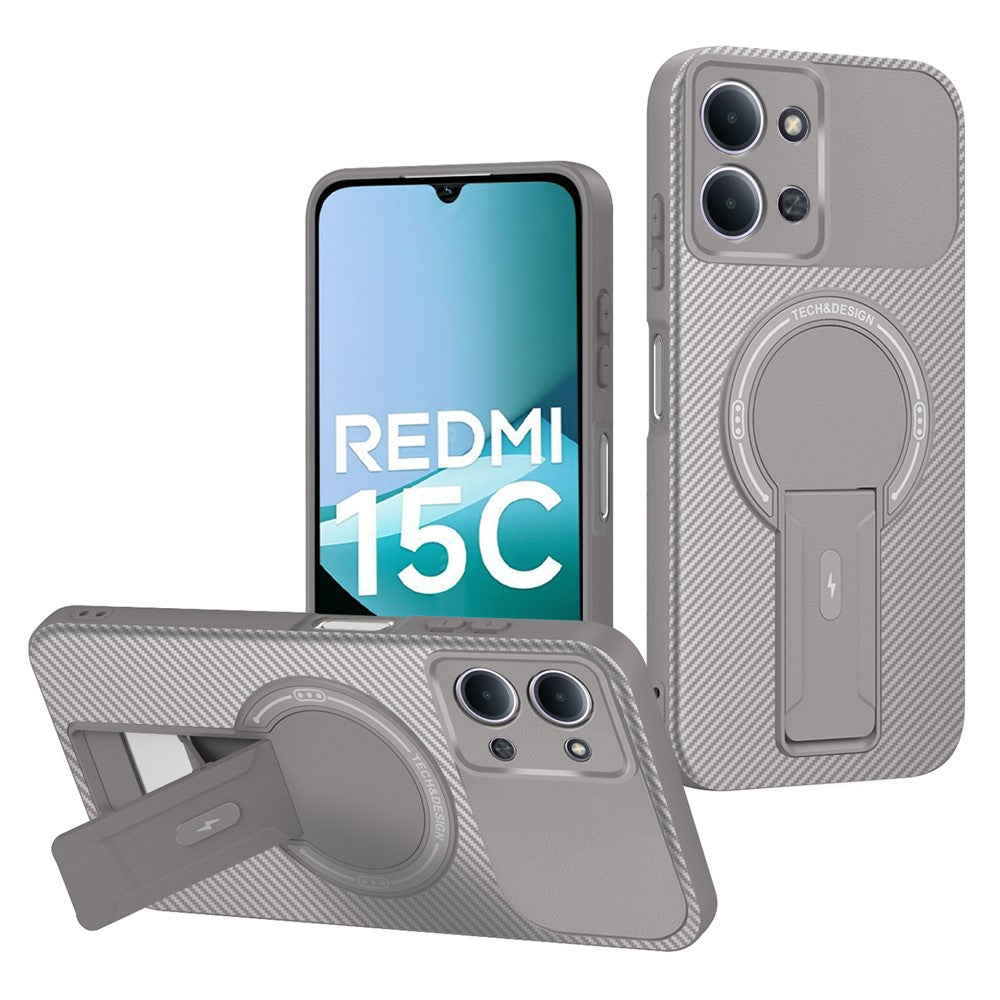 For Xiaomi Redmi 15C 4G (Global) (171mm) / Poco C85 4G (171mm) Case Carbon Fiber Texture PC + TPU Phone Cover with Kickstand