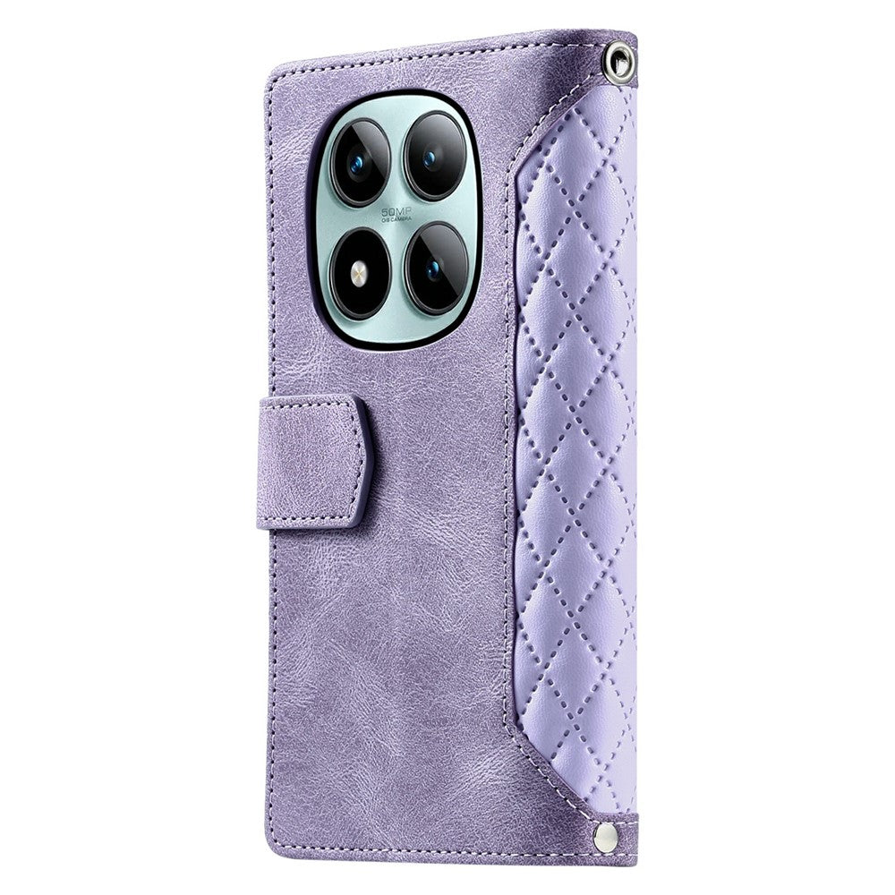 For Xiaomi Poco M8 Pro 5G / Redmi Note 15 Pro+ 5G (Global) Wallet Case Rhombus Stitching Line PU Leather Phone Cover with Wrist Strap