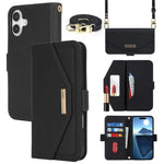 Til iPhone 17 Stand Case kryds-tekstur PU-læderpung telefoncover med skulderrem / makeupspejl
