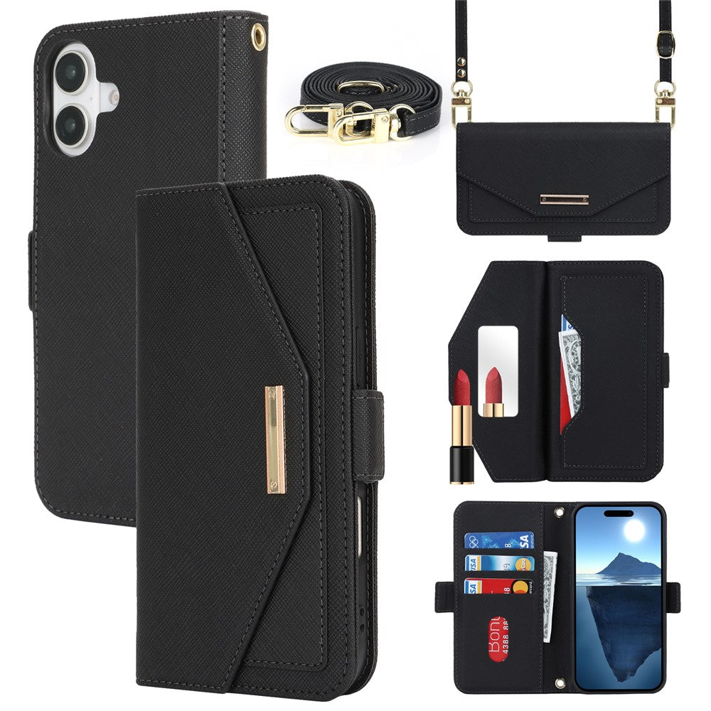 Til iPhone 17 Stand Case kryds-tekstur PU-læderpung telefoncover med skulderrem / makeupspejl