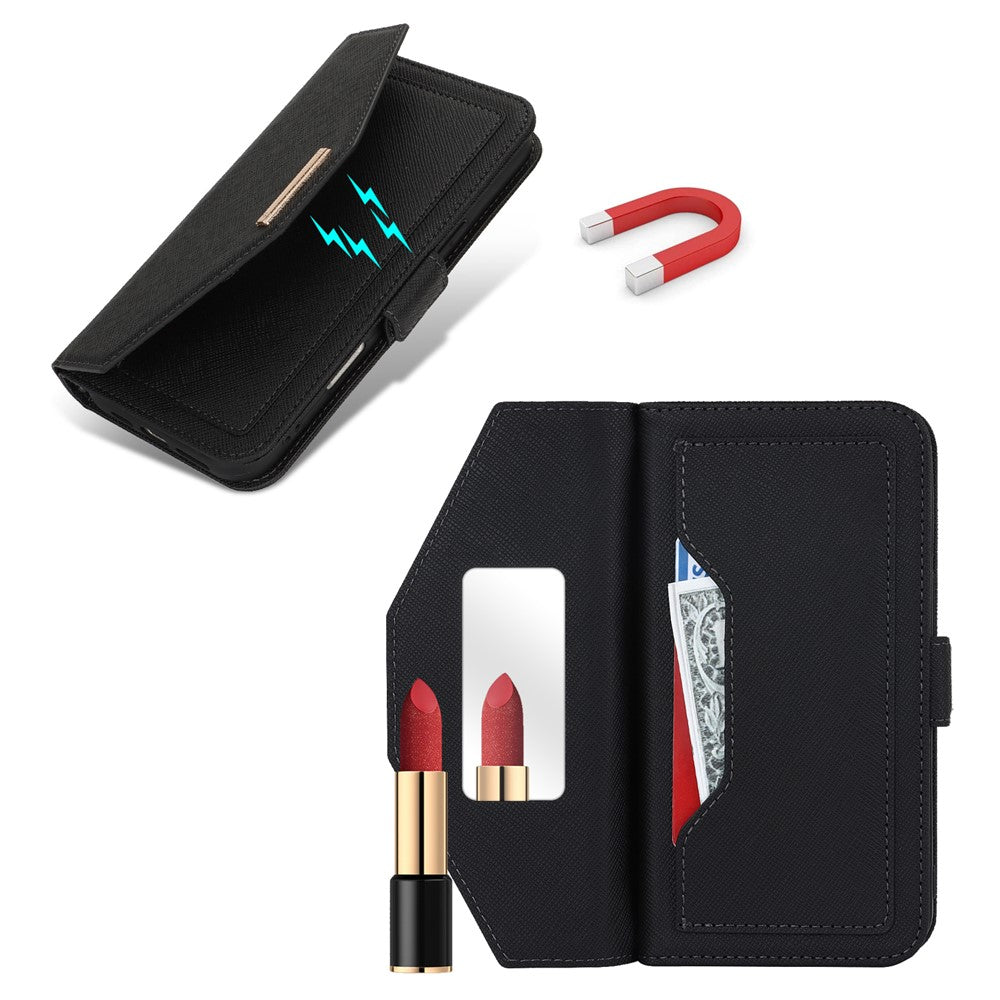 Til iPhone 17 Stand Case kryds-tekstur PU-læderpung telefoncover med skulderrem / makeupspejl