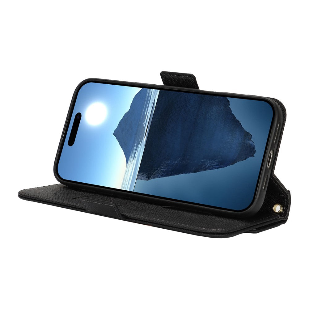 Til iPhone 17 Stand Case kryds-tekstur PU-læderpung telefoncover med skulderrem / makeupspejl