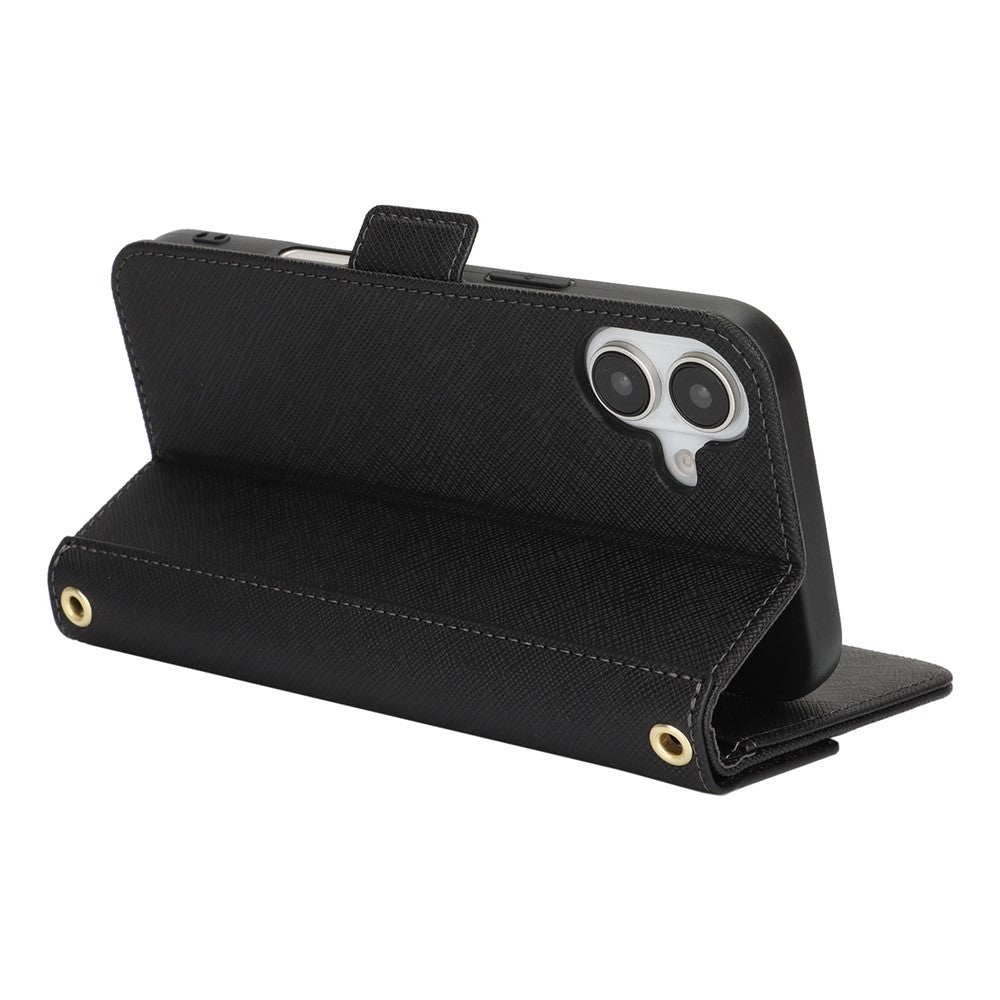 Til iPhone 17 Stand Case kryds-tekstur PU-læderpung telefoncover med skulderrem / makeupspejl