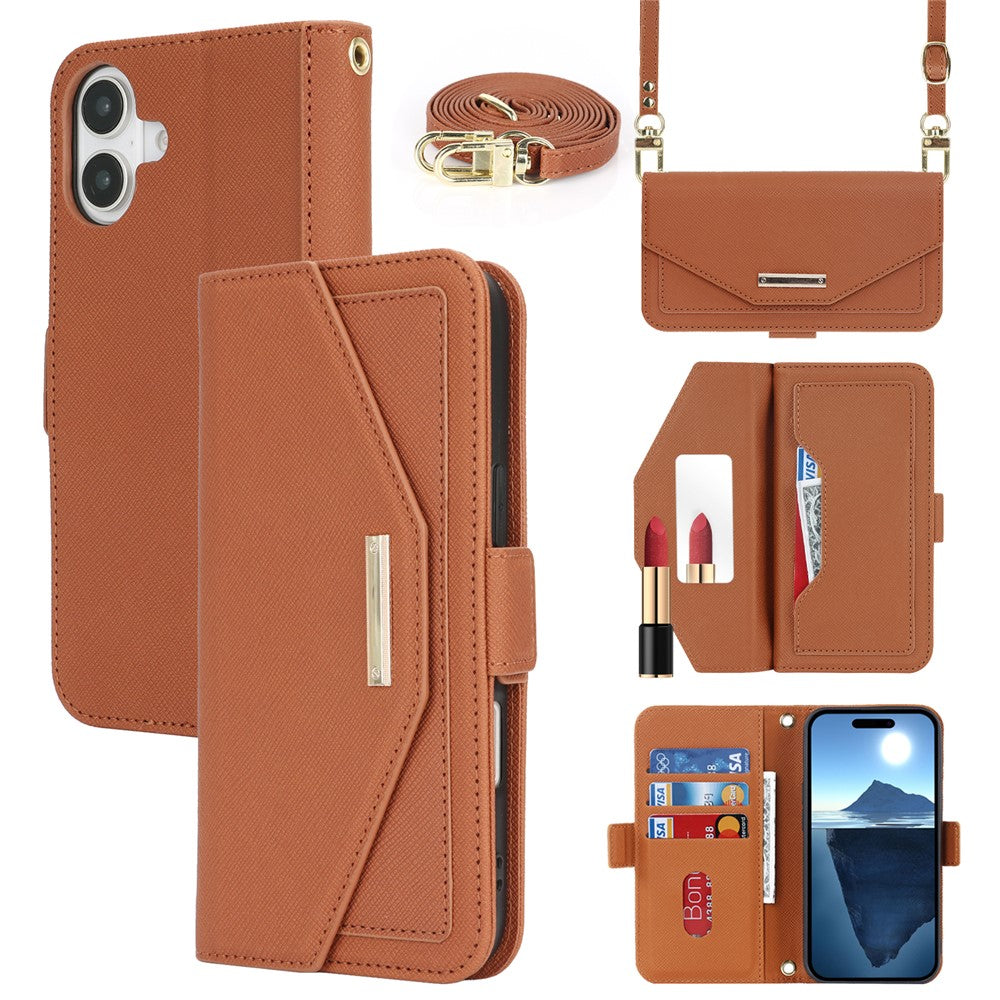 Til iPhone 17 Stand Case kryds-tekstur PU-læderpung telefoncover med skulderrem / makeupspejl