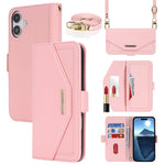 Til iPhone 17 Stand Case kryds-tekstur PU-læderpung telefoncover med skulderrem / makeupspejl