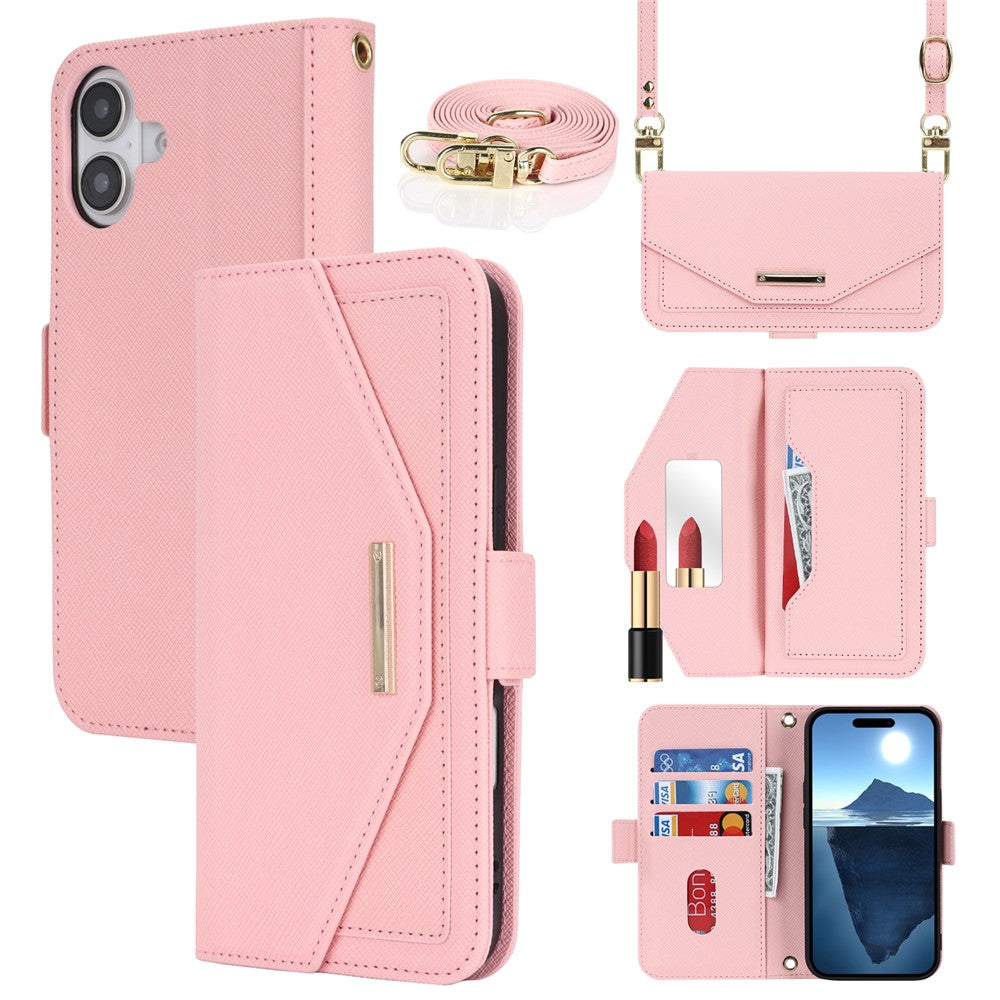 Til iPhone 17 Stand Case kryds-tekstur PU-læderpung telefoncover med skulderrem / makeupspejl
