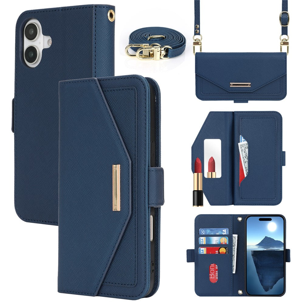 Til iPhone 17 Stand Case kryds-tekstur PU-læderpung telefoncover med skulderrem / makeupspejl
