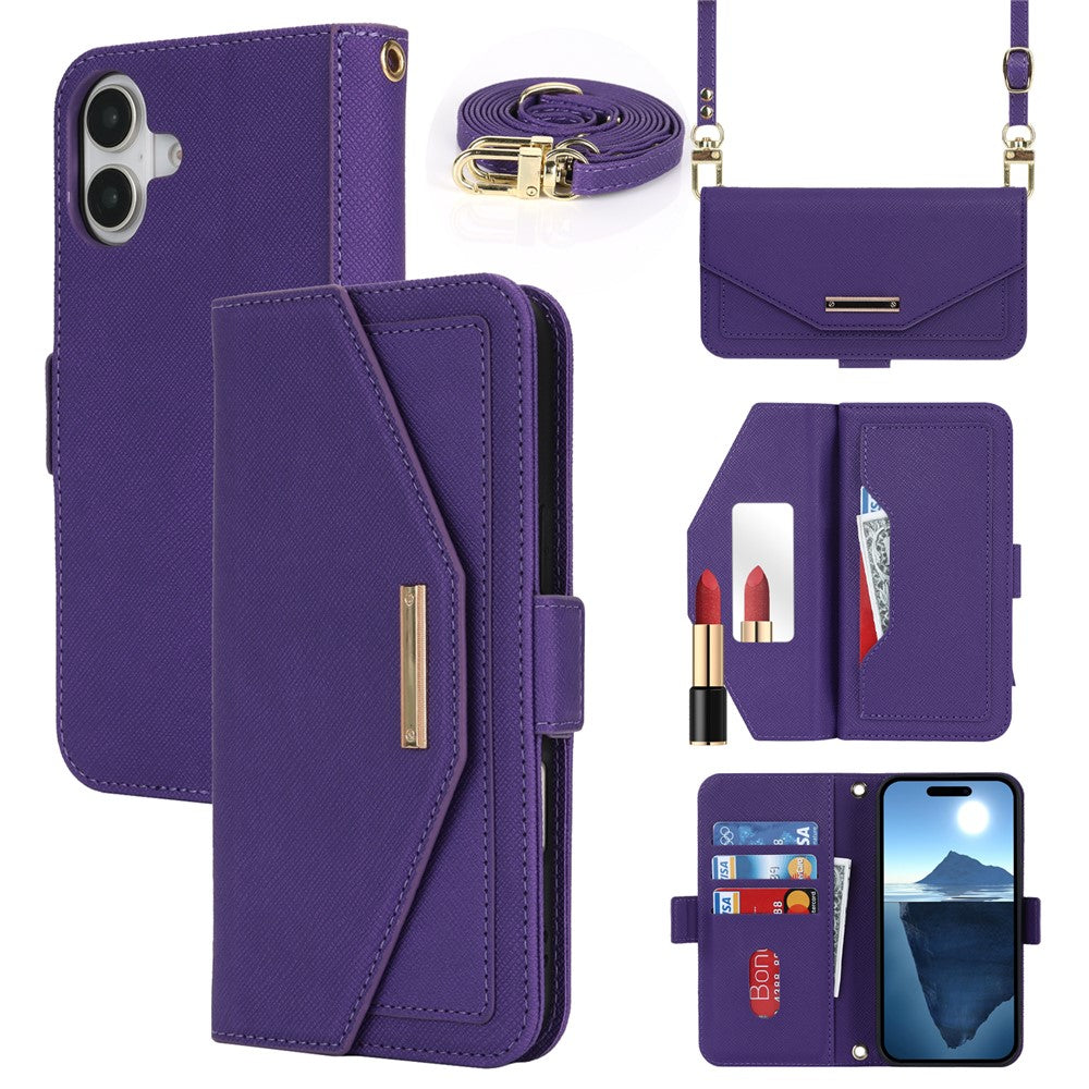 Til iPhone 17 Stand Case kryds-tekstur PU-læderpung telefoncover med skulderrem / makeupspejl
