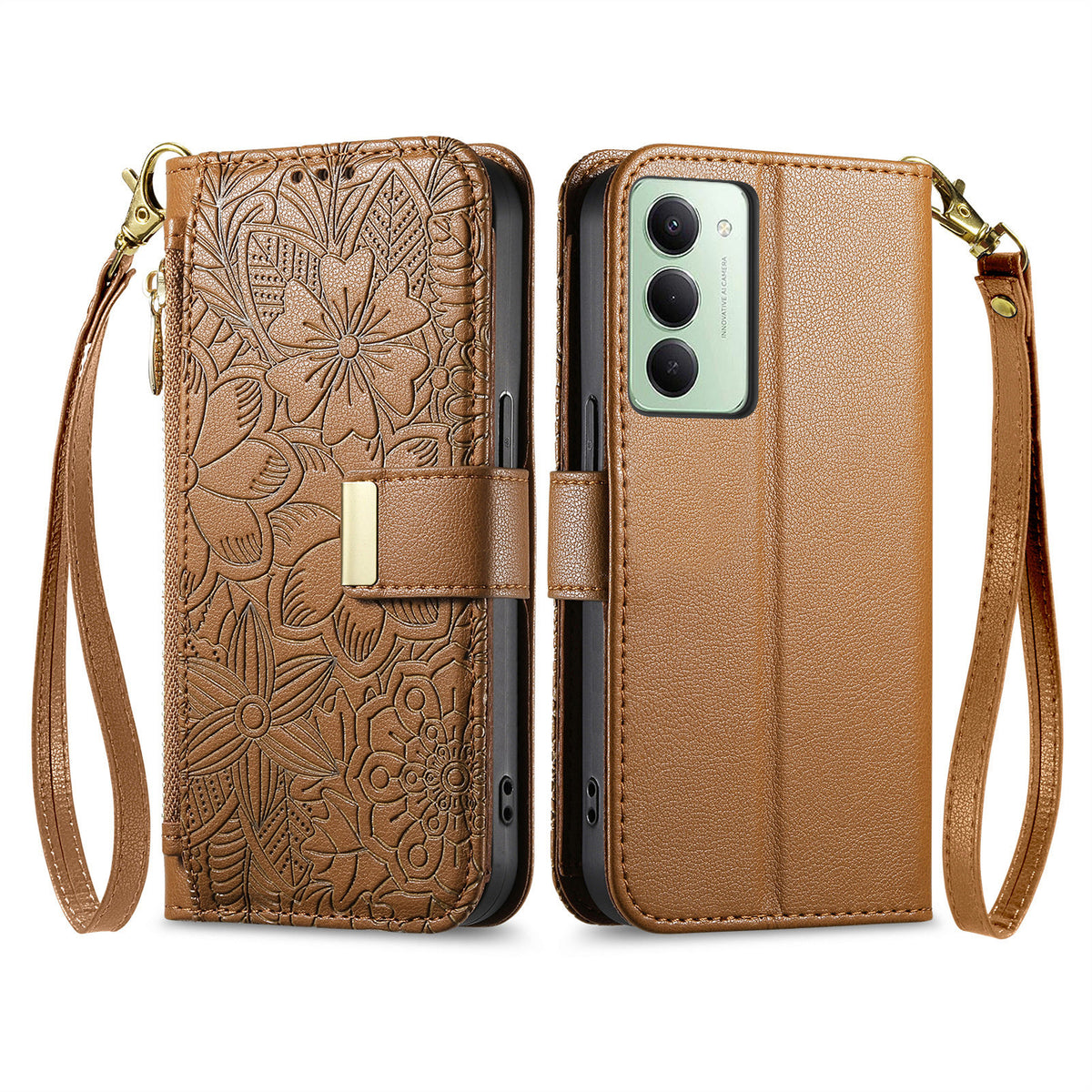 For Xiaomi Redmi 15 5G (EU) (171mm) / Xiaomi Redmi 15C 4G (Global) (171mm) / Xiaomi Redmi 15 4G (EU) (171mm) Case Floral Leaf Pattern Multi Card Slots Zipper Leather Phone Cover with Wrist Strap