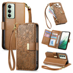 For Xiaomi Redmi 15 5G (EU) (171mm) / Xiaomi Redmi 15C 4G (Global) (171mm) / Xiaomi Redmi 15 4G (EU) (171mm) Case Floral Leaf Pattern Multi Card Slots Zipper Leather Phone Cover with Wrist Strap